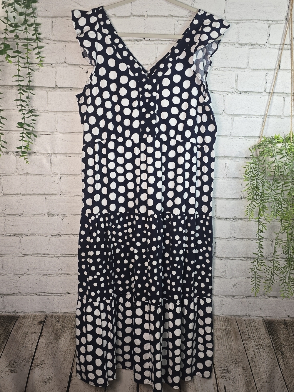 LOFT NAVY WHITE POLKA DOT TIERED RUFFLED DRESS V-NECK MIDI LENGTH NWT WOMENS L - Picture 2 of 11